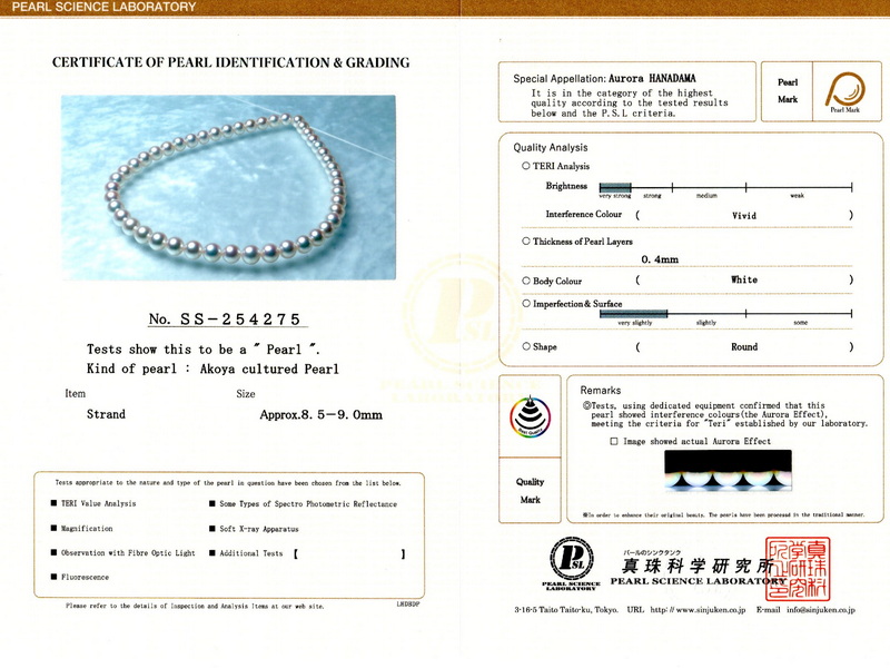 HANADAMA 8,5 mm japán akoya gyöngy nyaklánc – HANADAMA 8590 certificate SS